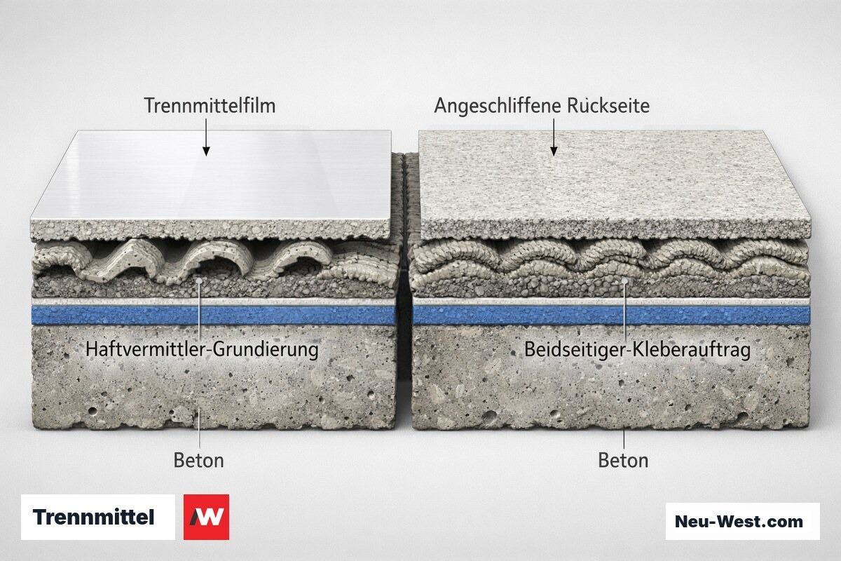 Querschnitt einer Fliesenrückseite mit Trennmittelfilm links und angeschliffener, beidseitig verklebter Rückseite mit Haftvermittler rechts.