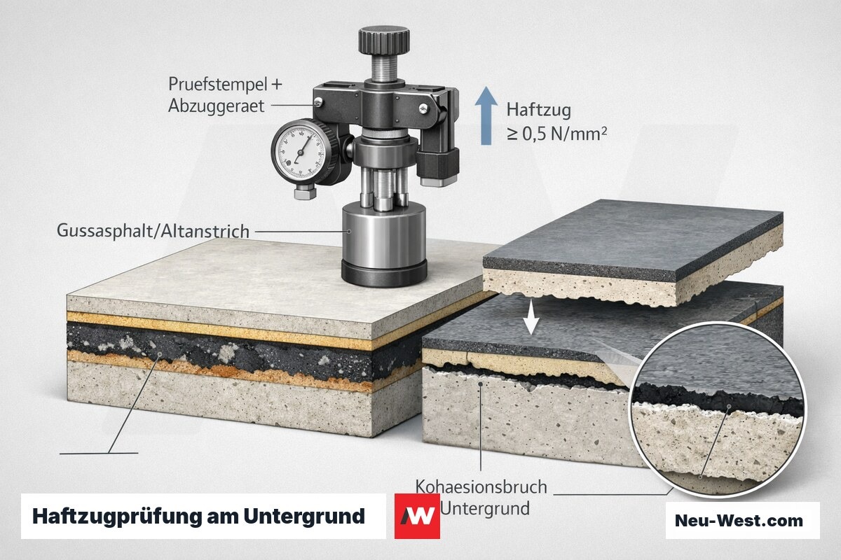 Querschnitt einer Haftzugprüfung: Prüfstempel zieht am Bodenaufbau, Kohäsionsbruch löst das Verbundsystem im Untergrund en bloc.