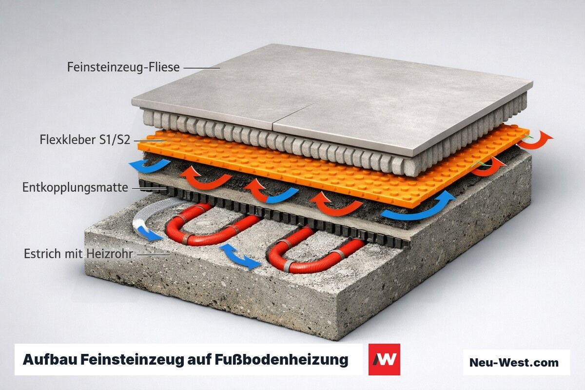 Querschnitt einer Fußbodenheizung mit Estrich, Entkopplungsmatte, Flexkleber S1/S2 und Feinsteinzeug-Fliese samt Thermodehnungs-Pfeilen.