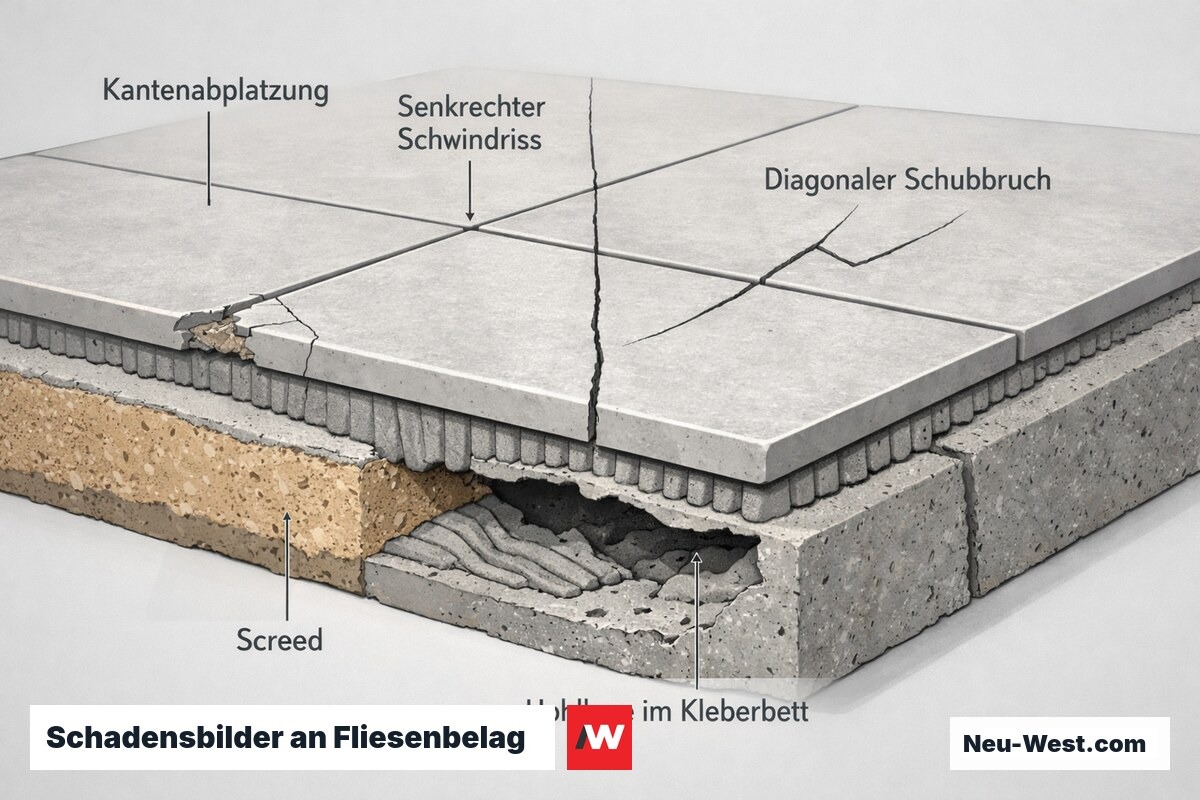 Querschnitt eines Fliesenbelags mit Kantenabplatzung, senkrechtem Schwindriss, diagonalem Schubbruch und darunterliegender Hohllage im Kleberbett.