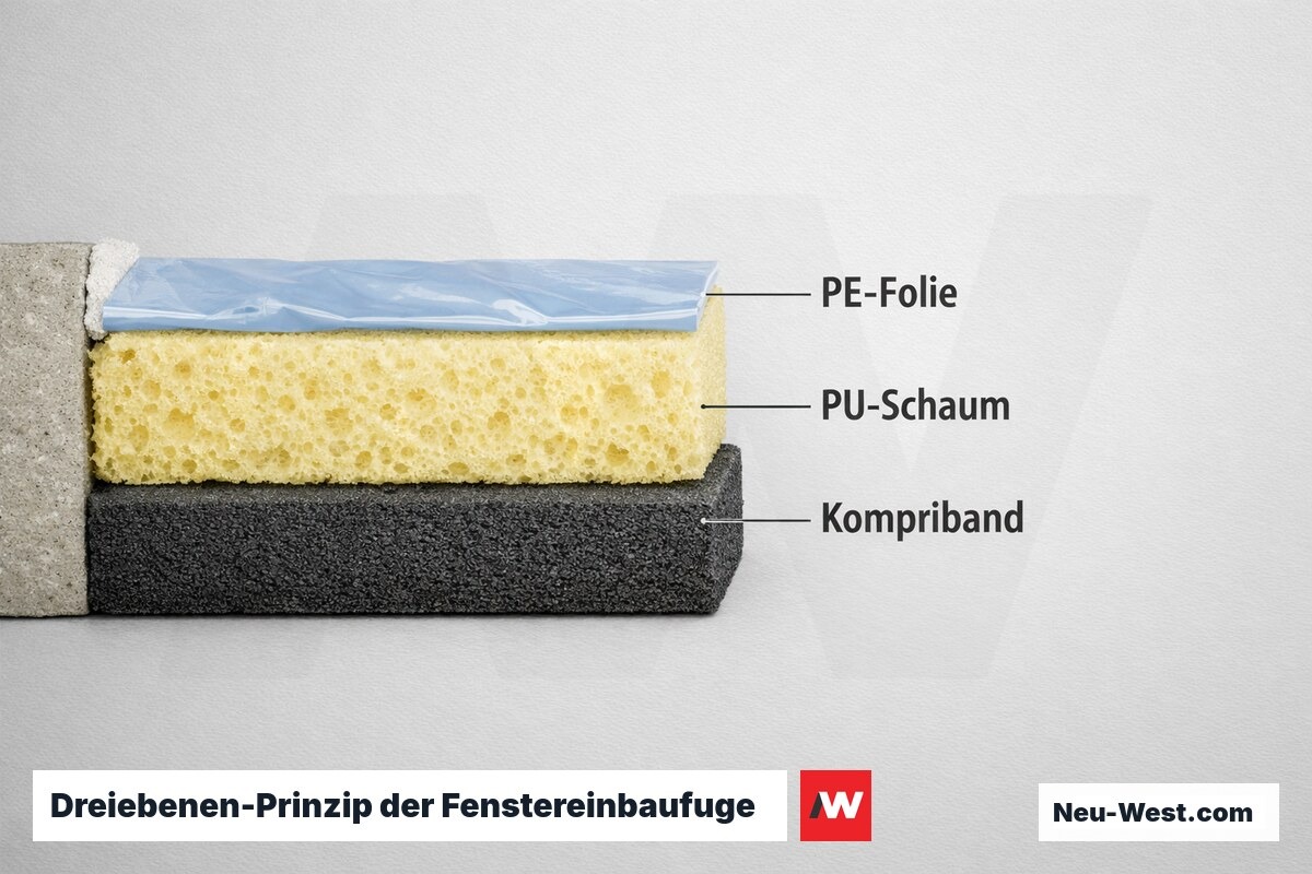 Dreiebenen-Prinzip der Fenstereinbaufuge – Erklär-Grafik (NEUWEST Berlin)