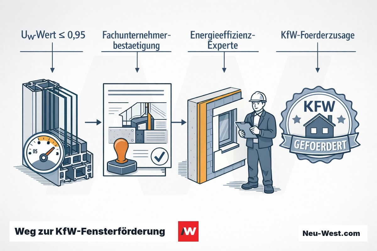 Prozess-Grafik: geprüfter U-Wert, Fachunternehmerbestätigung mit RAL-Montage, Energieeffizienz-Experte und KfW-Förderzusage bei der Fenstersanierung.