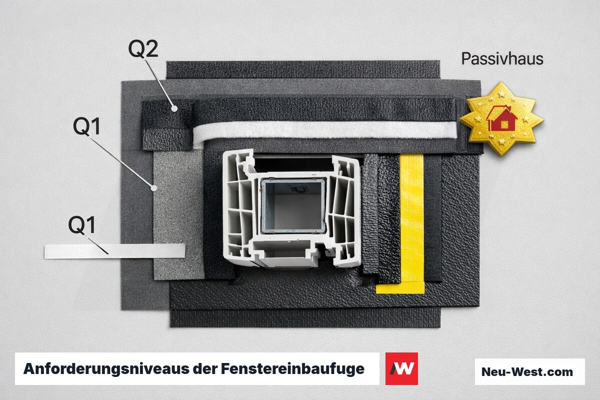 Anforderungsniveaus der Fenstereinbaufuge: einlagig bis dreilagig – Erklär-Grafik (NEUWEST Berlin)