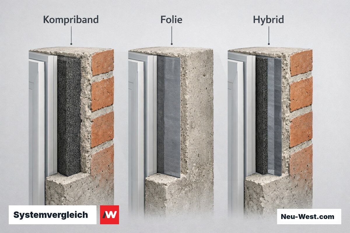 Systemvergleich: Kompriband, Folienanschluss und Hybrid – Erklär-Grafik (NEUWEST Berlin)