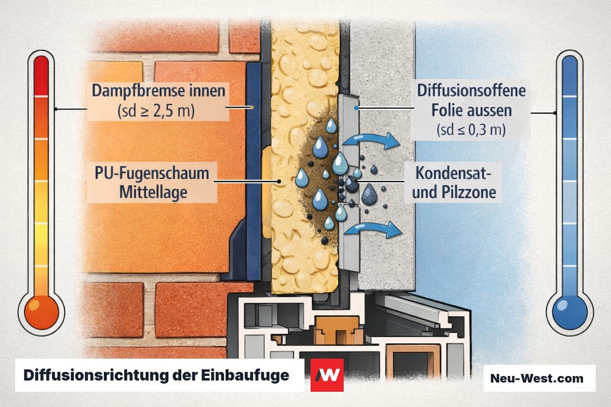Querschnitt einer Fenstereinbaufuge mit Dampfbremse innen, diffusionsoffener Folie außen, PU-Schaum und Kondensatzone bei falscher Abdichtung.
