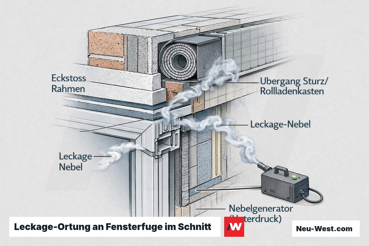 Bauschnitt einer Fenstermontage: Nebelgenerator zeigt Luftleckagen an Rahmen-Eckstoß und Übergang zum Rollladenkasten bei Unterdruck.