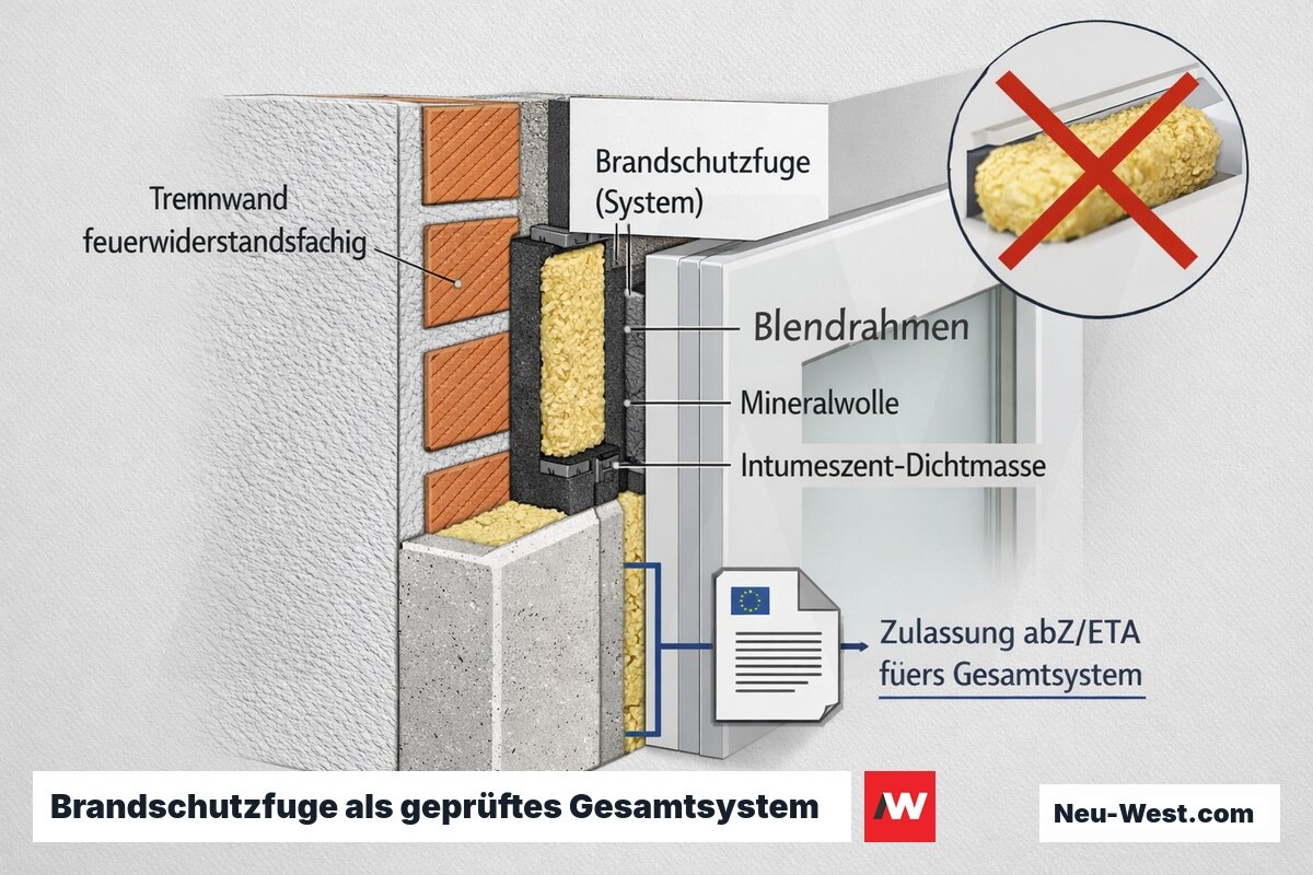 Querschnitt einer feuerwiderstandsfähigen Trennwand mit Fensterblendrahmen, geprüfter Brandschutzfuge statt PU-Schaum und Zulassung fürs Gesamtsystem.