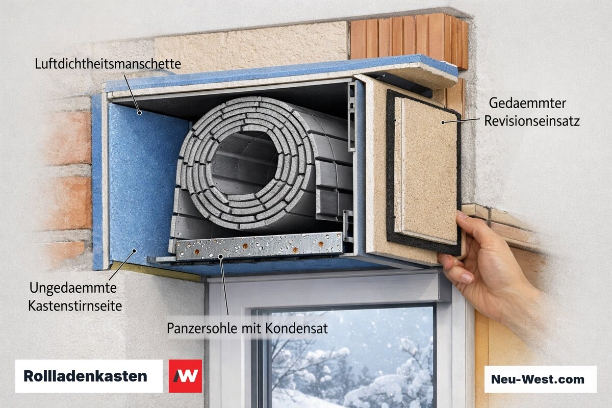 Querschnitt eines Rollladenkastens mit Luftdichtheitsmanschette, gedämmtem Revisionseinsatz, Kondensat auf der Panzersohle und ungedämmter, kalter Kastenstirnseite im Winter.