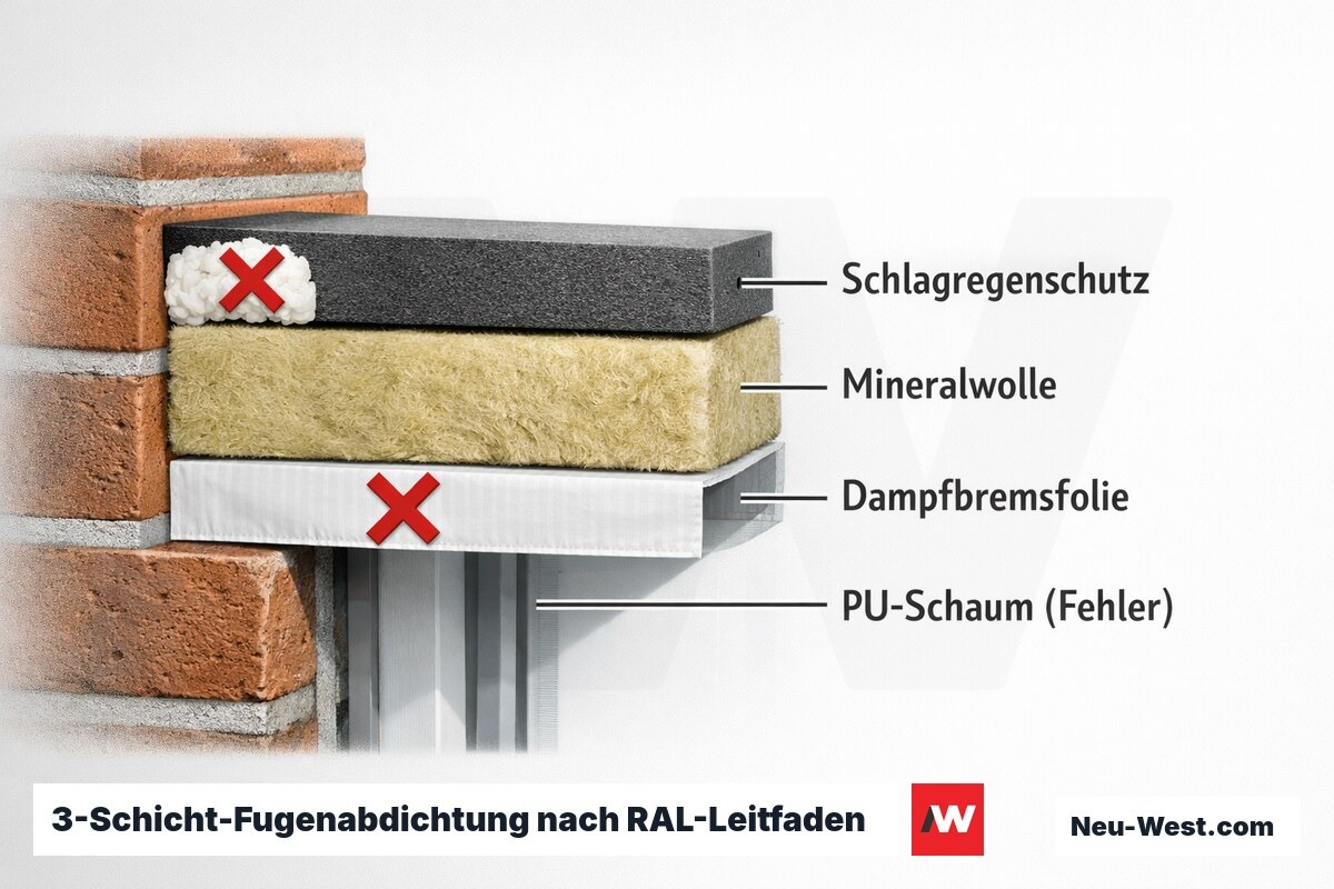 3-Schicht-Fugenabdichtung nach RAL-Leitfaden: Regelausführung und typische Fehlstellen – Erklär-Grafik (NEUWEST Berlin)