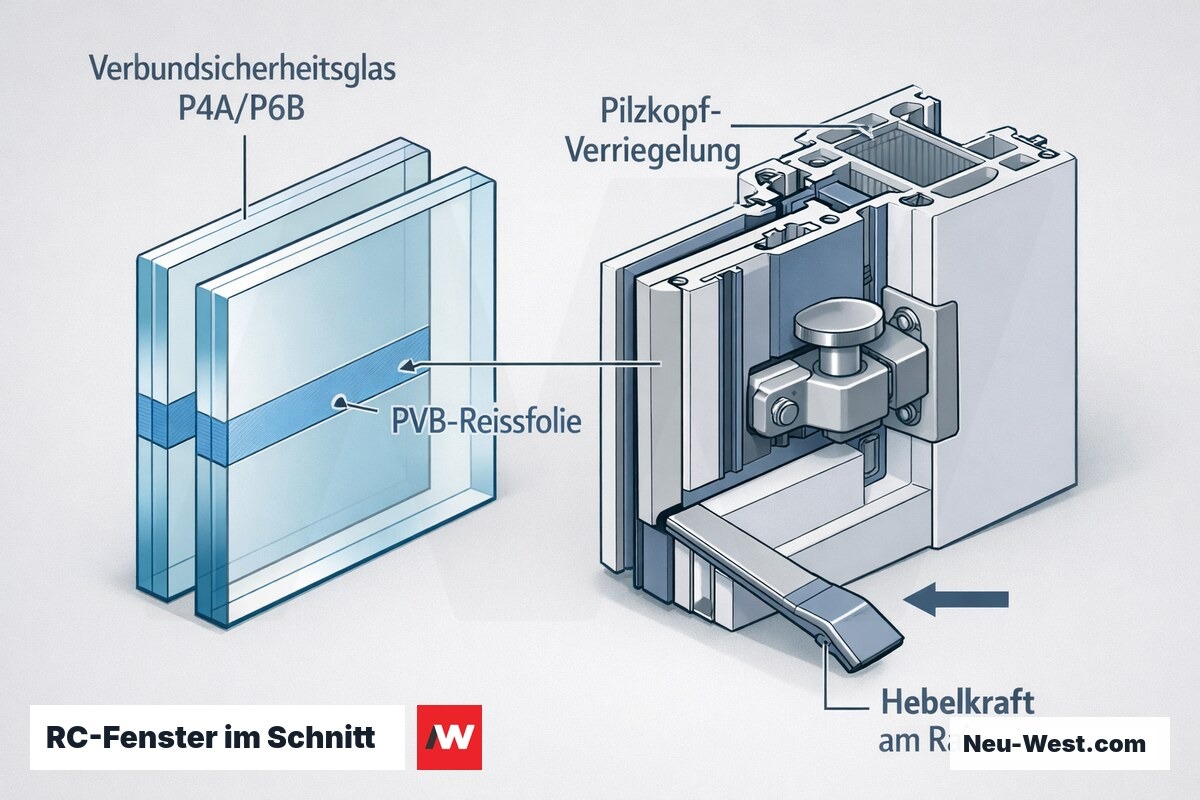 Schnittdarstellung eines RC-Sicherheitsfensters mit Verbundsicherheitsglas, PVB-Folie, Pilzkopfverriegelung im Rahmen und Hebelkraft-Prüfung.