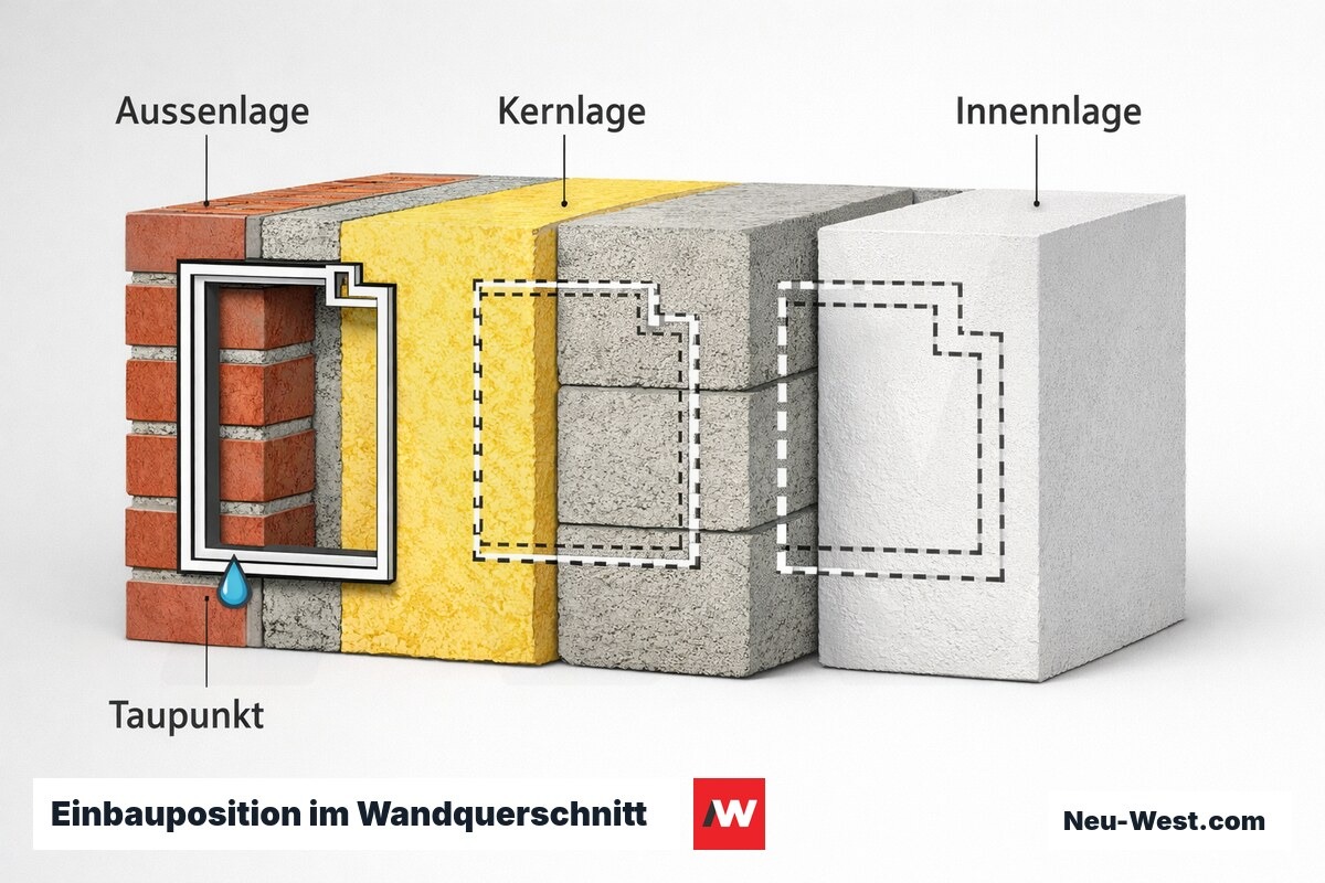 Einbauposition im Wandquerschnitt: Einfluss auf Wärmebrücke und Kondensatrisiko – Erklär-Grafik (NEUWEST Berlin)