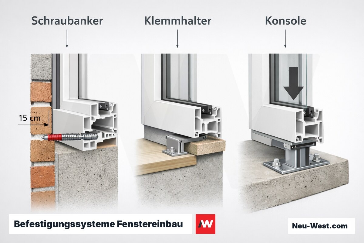Befestigungssysteme Fenstereinbau: Schraubanker, Klemmhalter und Konsole im Vergleich – Erklär-Grafik (NEUWEST Berlin)