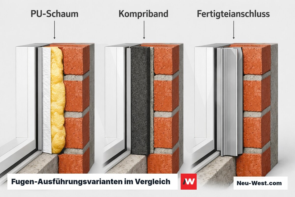 Fugen-Ausführungsvarianten im Vergleich: PU-Schaum, Kompriband, Fertigteianschluss – Erklär-Grafik (NEUWEST Berlin)