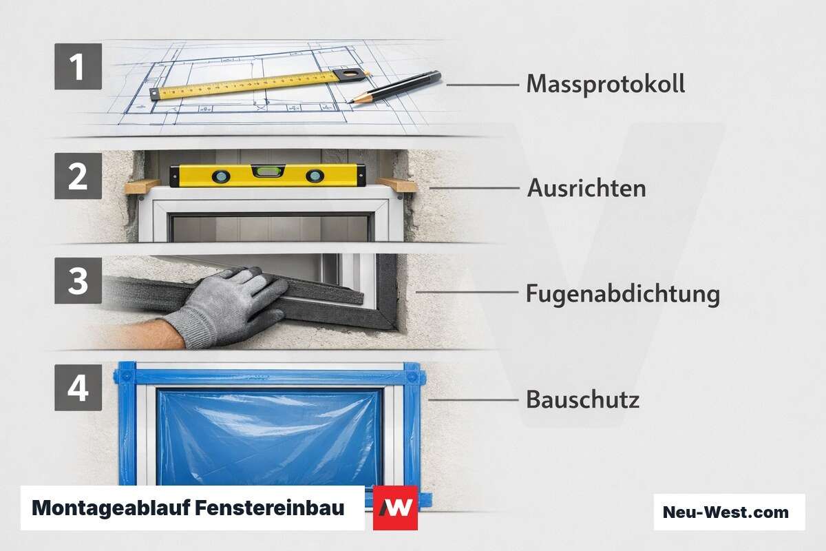 Montageablauf Fenstereinbau: Vier kritische Phasen – Erklär-Grafik (NEUWEST Berlin)