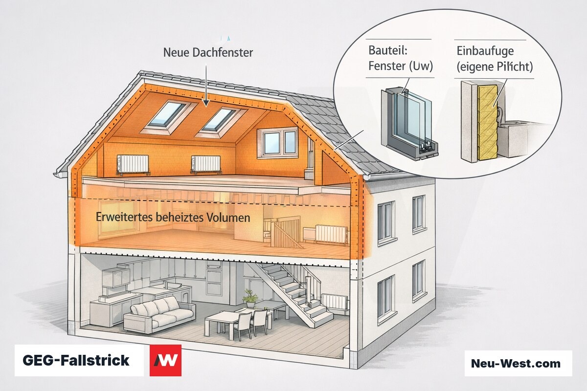 Gebaeudequerschnitt mit ausgebautem Dachgeschoss, erweiterter thermischer Huelle, neuen Dachfenstern und getrennt markierter Einbaufuge nach GEG.