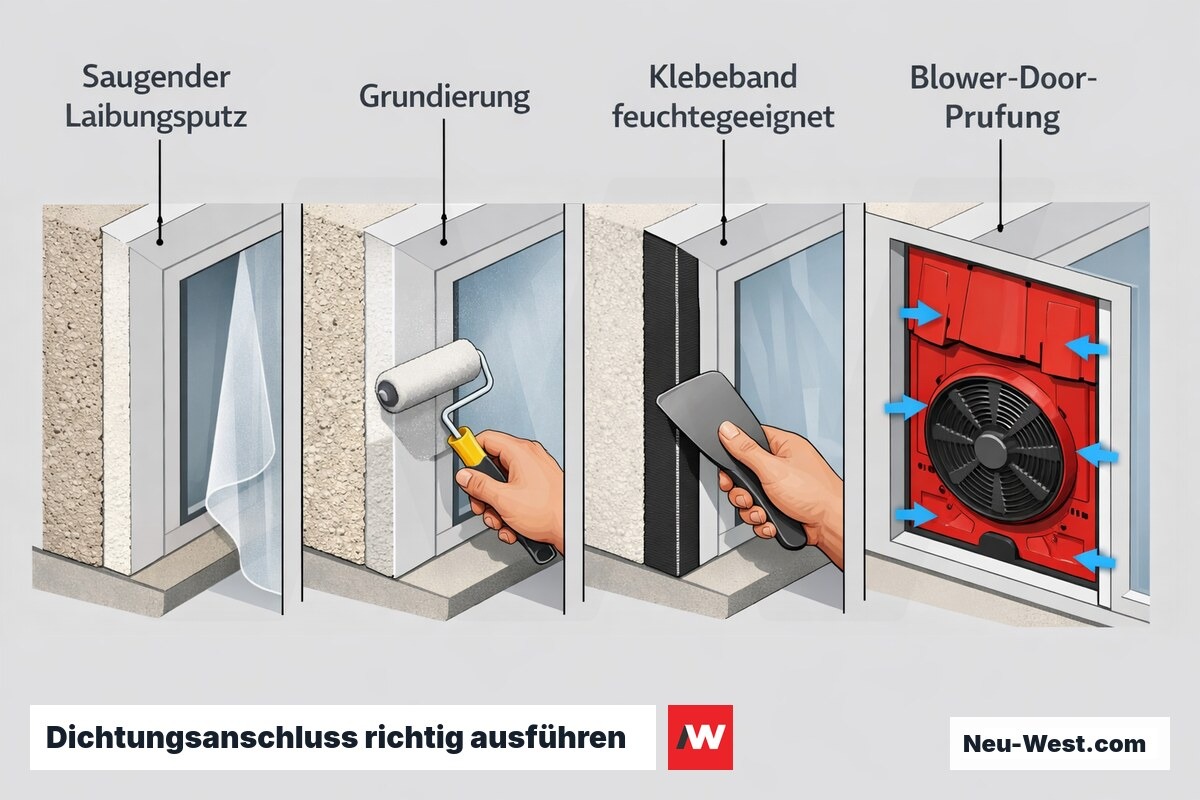 Vierstufige Erklär-Grafik: saugender Laibungsputz grundieren, feuchtegeeignetes Klebeband auf Dampfbremse, abschließende Blower-Door-Prüfung des Anschlusses.