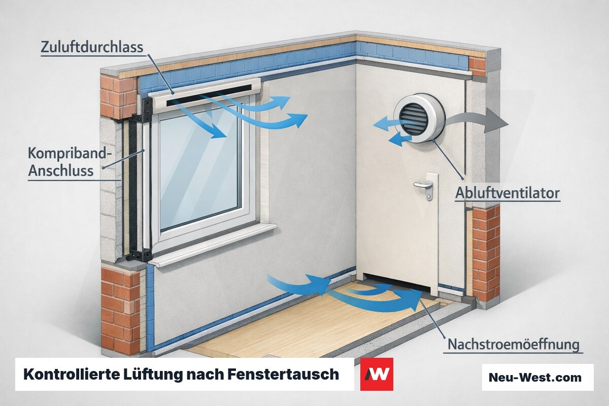Querschnitt eines Raums mit dichter Gebäudehülle, Zuluftdurchlass im Fensterrahmen, Nachströmöffnung und dezentralem Abluftventilator mit Luftströmung.