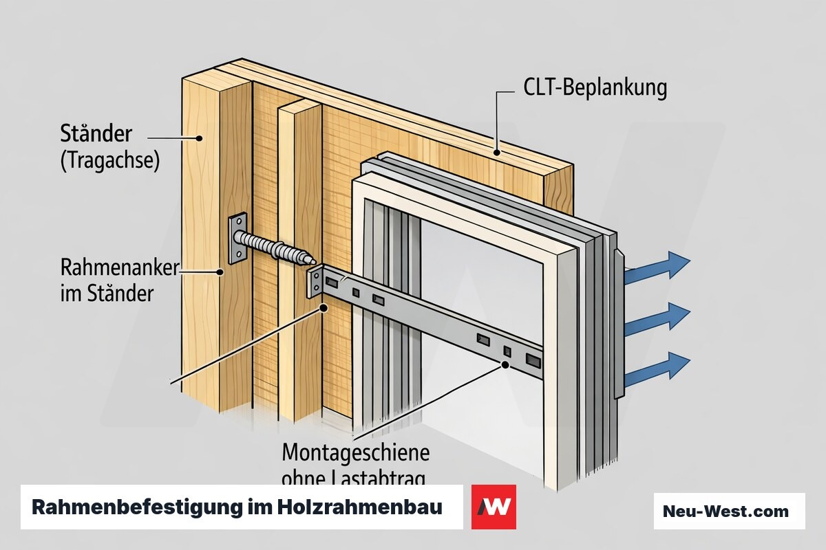 Querschnitt Holzrahmenbau: Fensterrahmen mit Anker im Ständer, Montageschiene zwischen Ständerachsen ohne Windlastabtrag, CLT-Beplankung.