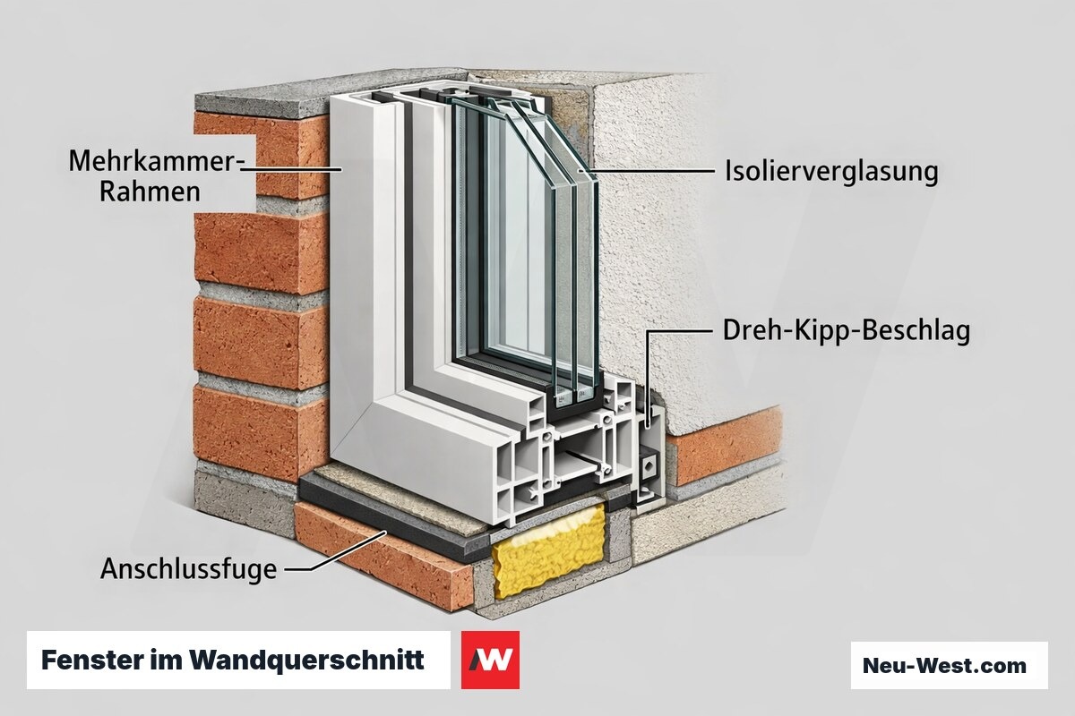 Querschnitt eines gedämmten Fensters in der Wandöffnung mit Rahmen, Isolierverglasung, Dreh-Kipp-Beschlag und abgedichteter Anschlussfuge.