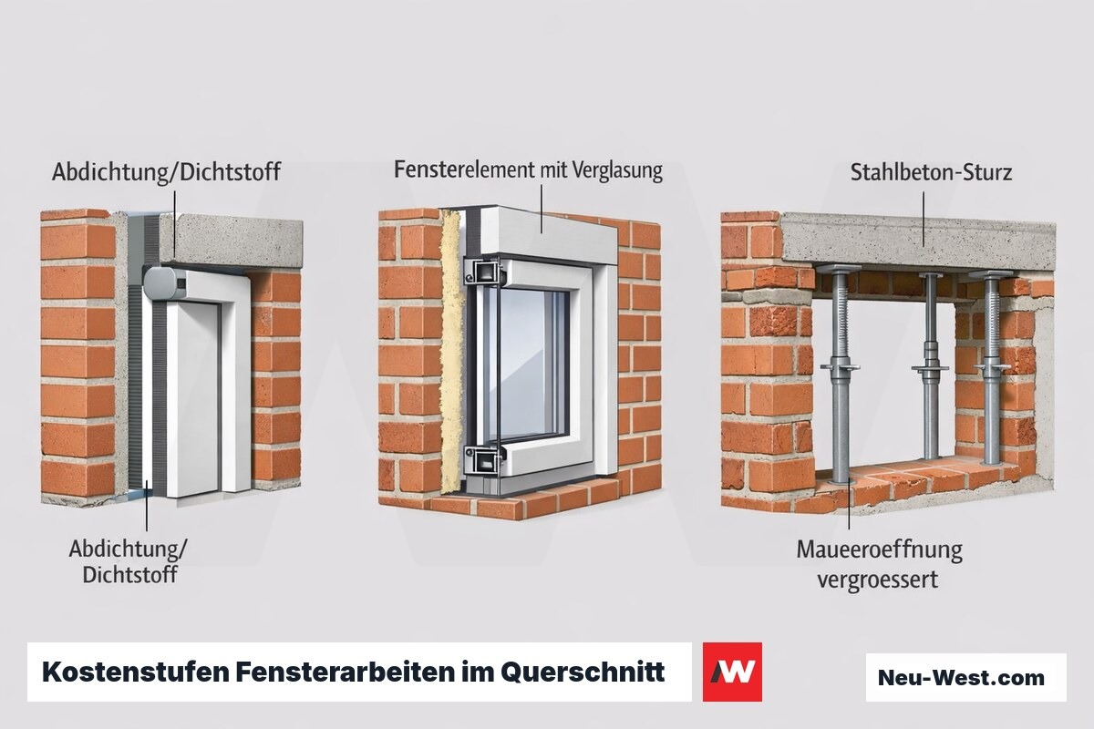 Bauquerschnitt zeigt drei Kostenstufen: reine Fensterabdichtung, kompletter Fenstereinbau und vergrößerte Maueröffnung mit neuem Sturz.