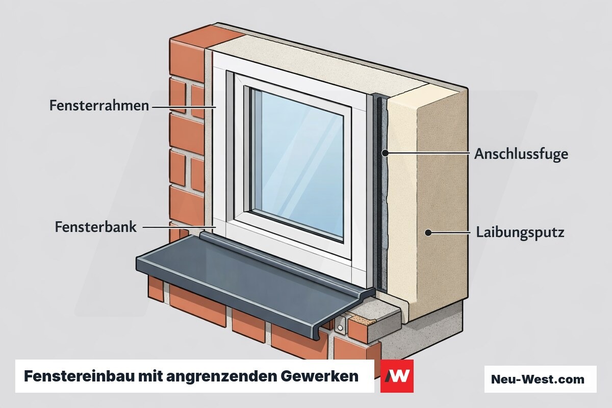 Illustration einer Wandöffnung mit eingebautem Fensterrahmen, montierter Fensterbank, abgedichteter Anschlussfuge und verputzter Laibung.