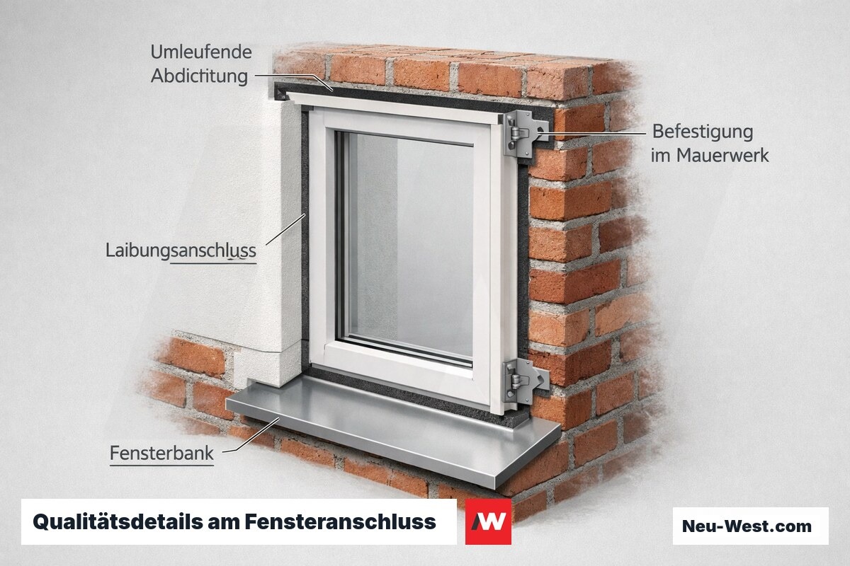 Detailschnitt eines Fensteranschlusses mit umlaufender Abdichtung, Befestigung im Mauerwerk, Laibung und Fensterbank.