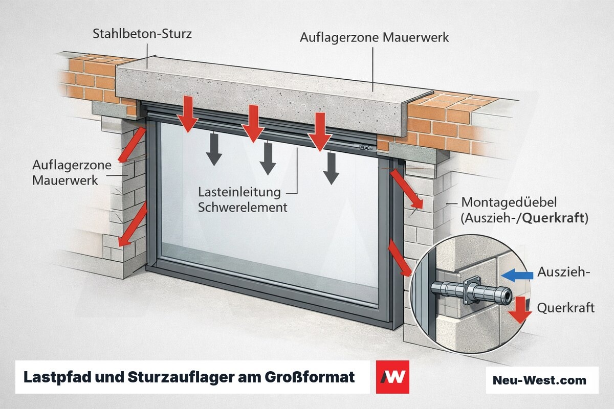 Querschnitt eines Hebe-Schiebe-Großformats: Lastpfad des Schwerelements über Stahlbeton-Sturz in die Mauerwerks-Auflager, mit Montagedübeln.