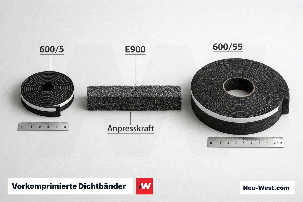 Vorkomprimierte Dichtbänder: Dehnungsklassen und Leistung – Erklär-Grafik (NEUWEST Berlin)
