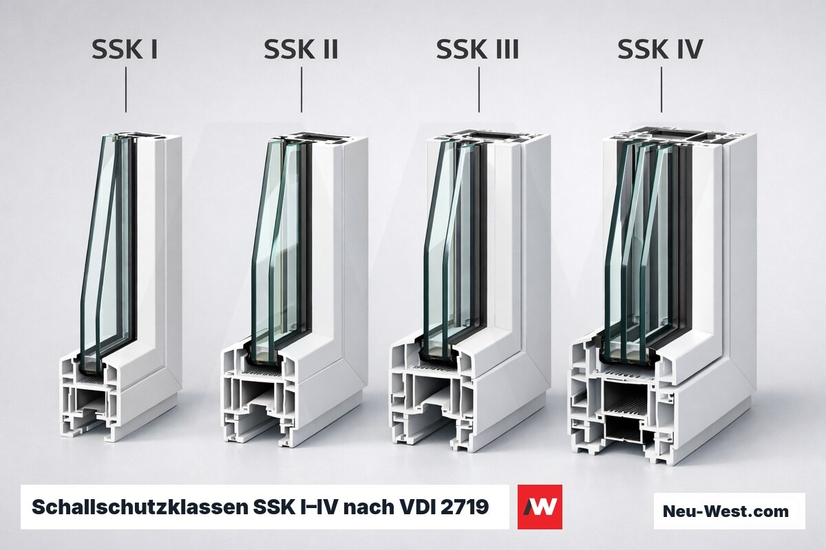 Schallschutzklassen SSK I–IV nach VDI 2719 – Erklär-Grafik (NEUWEST Berlin)
