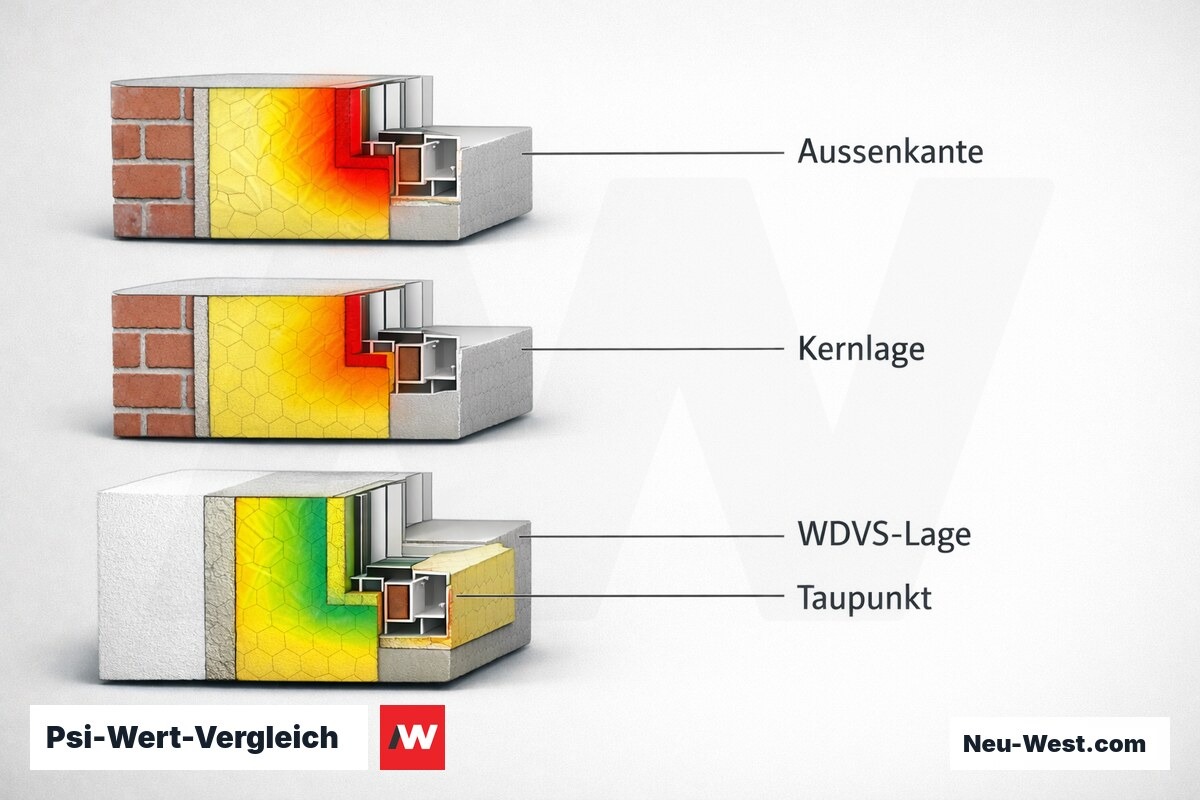 Psi-Wert-Vergleich: Einbaulage und Wärmebrücke am Fensteranschluss – Erklär-Grafik (NEUWEST Berlin)