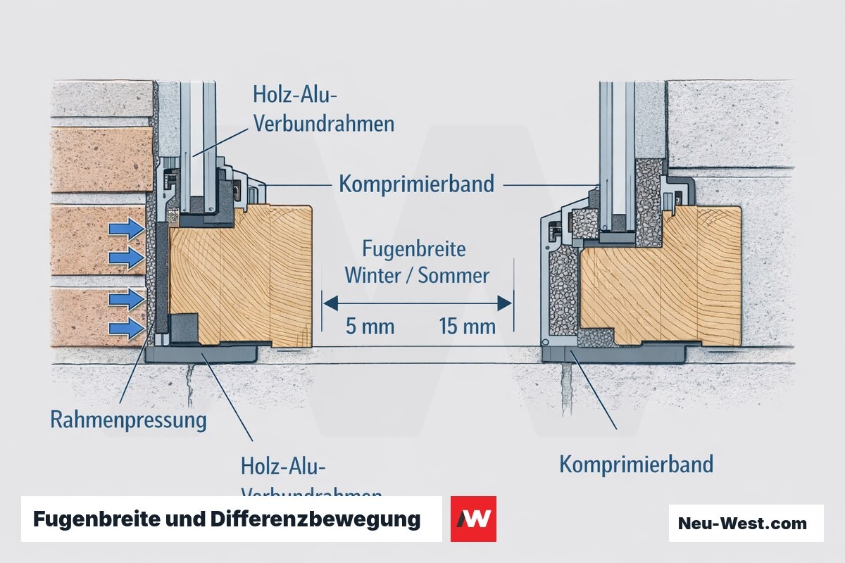 Querschnitt einer Einbaufuge mit Komprimierband, Fugenbreitenbereich fuer Winter und Sommer sowie Rahmenpressung bei zu enger Fuge.