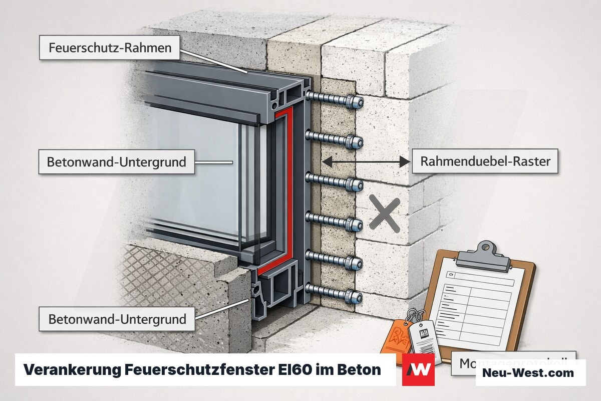 Querschnitt eines EI60-Feuerschutzfensters mit engem Dübelraster im Betonuntergrund, ungeeignetem Porenbeton und beiliegendem Montageprotokoll.