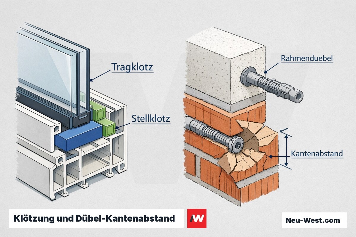 Cutaway-Detail: korrekte Verklotzung mit Trag- und Stellklötzen sowie Rahmendübel mit kritischem Kantenabstand im Porenbeton-Mauerwerk.
