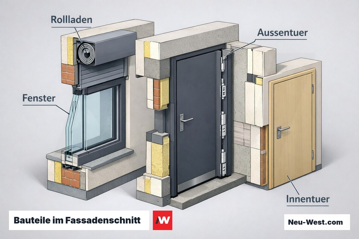 Fassadenschnitt einer Gebäudewand mit Fenster, Rollladenkasten, Außentür und Innentür als beschriftete Bauteile am Übergang innen–außen.