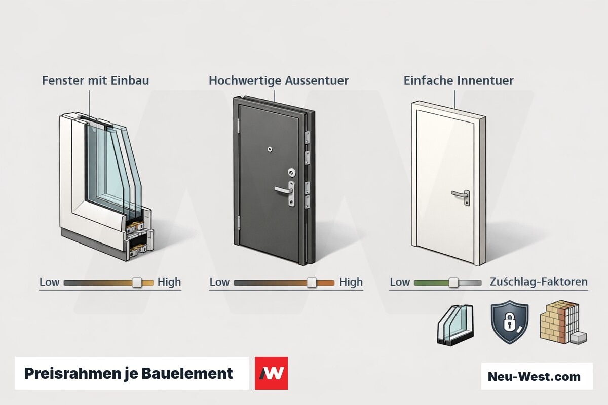 Erklaer-Illustration mit Preisspannen fuer Fenster, Aussentuer und Innentuer sowie Zuschlagsfaktoren wie Dreifachverglasung und Sicherheit.