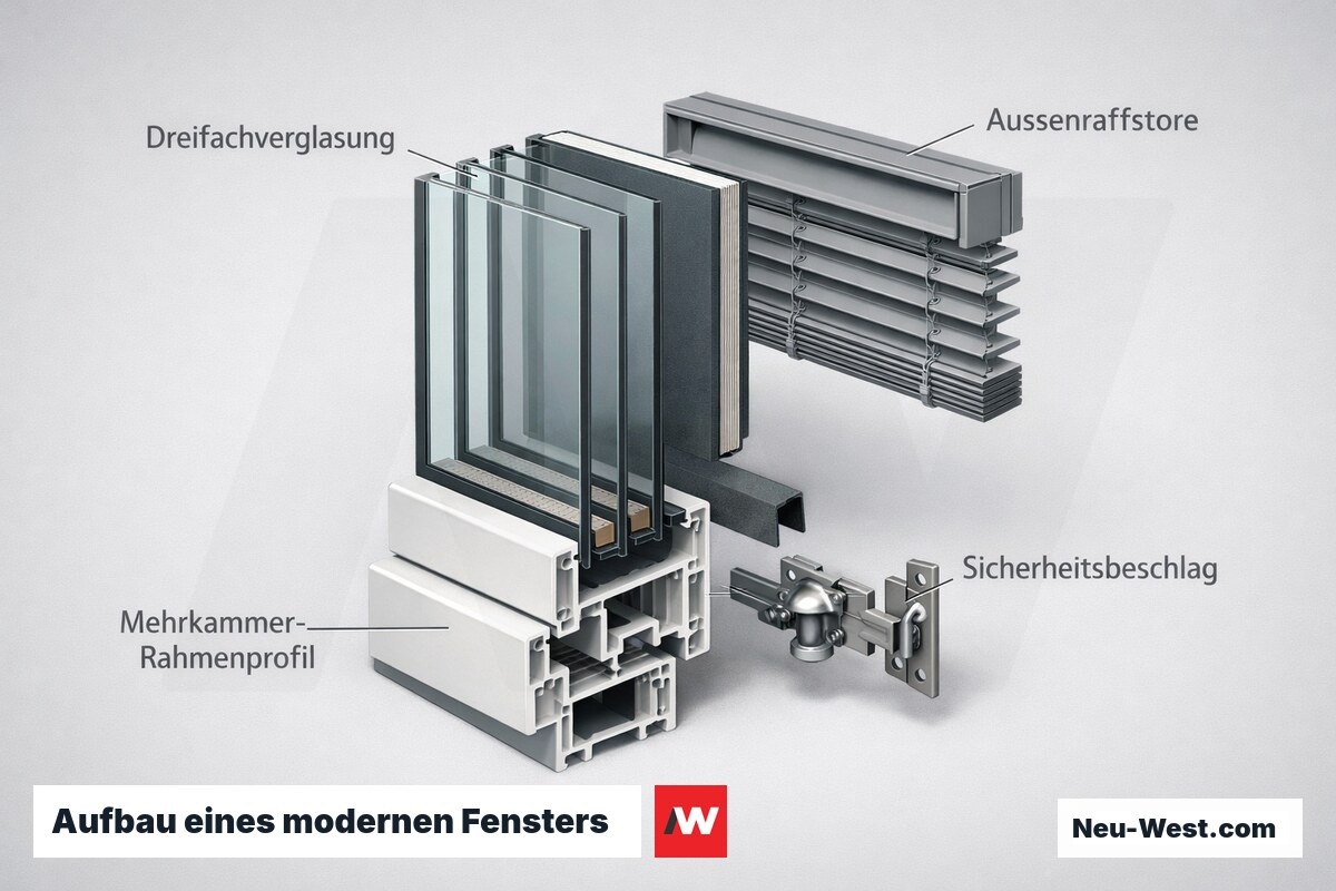 Isometrischer Schnitt durch ein modernes Fenster mit Dreifachverglasung, Rahmenprofil, Sicherheitsbeschlag und außenliegendem Raffstore.