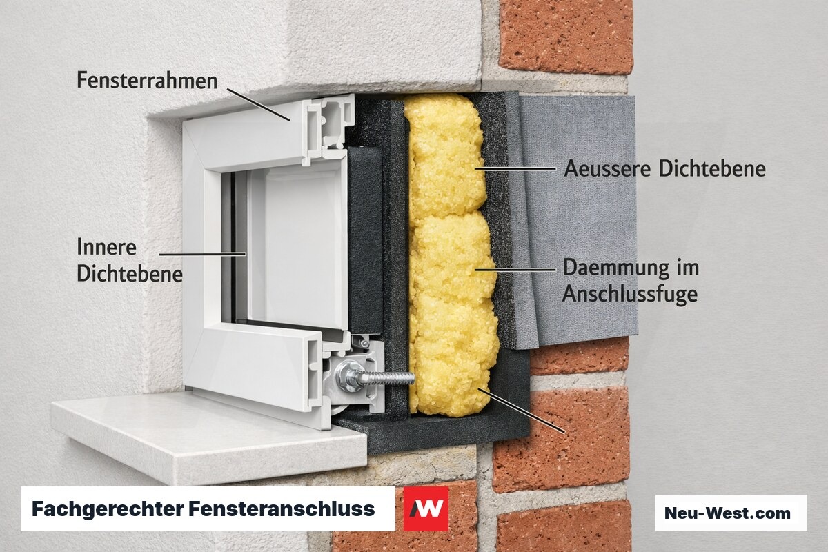 Querschnitt eines Fensteranschlusses an die Wand mit innerer und äußerer Abdichtung sowie Dämmung zur Vermeidung von Wärmebrücken.