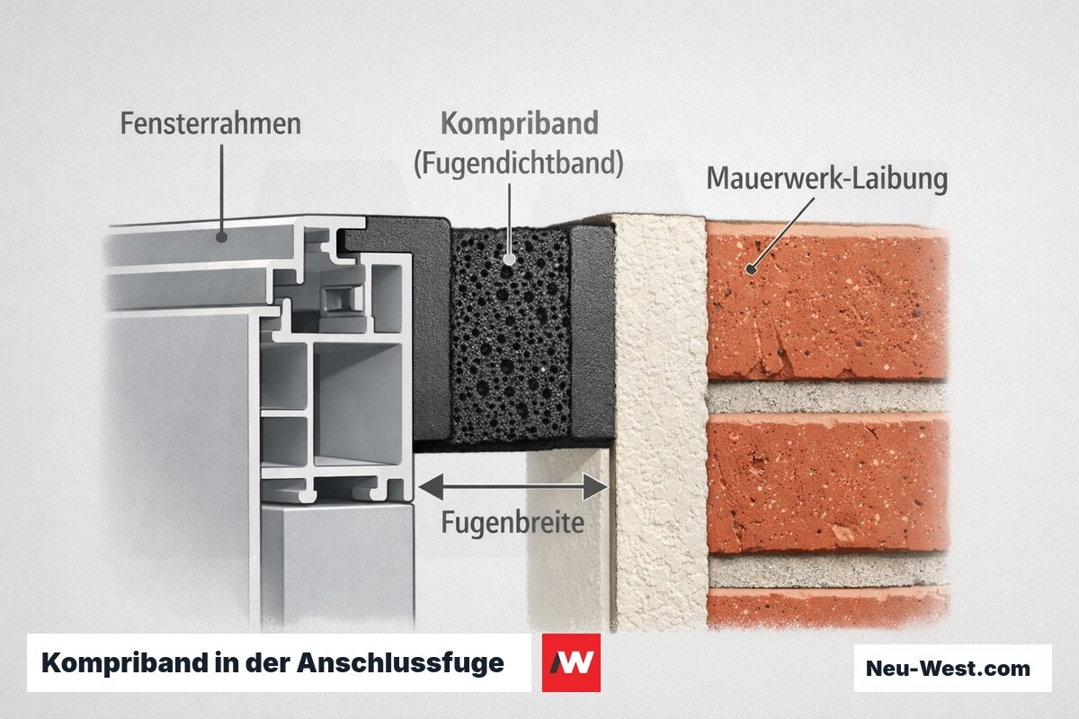 Querschnitt der Fensteranschlussfuge mit komprimiertem Kompriband zwischen Fensterrahmen und Mauerwerk-Laibung, mit Fugenbreiten-Maß.