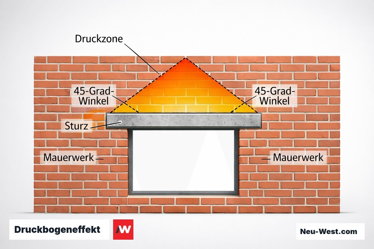 Druckbogeneffekt: Ab welcher Spannweite versagt der natürliche Mauerwerksdruckbogen? – Erklär-Grafik (NEUWEST Berlin)