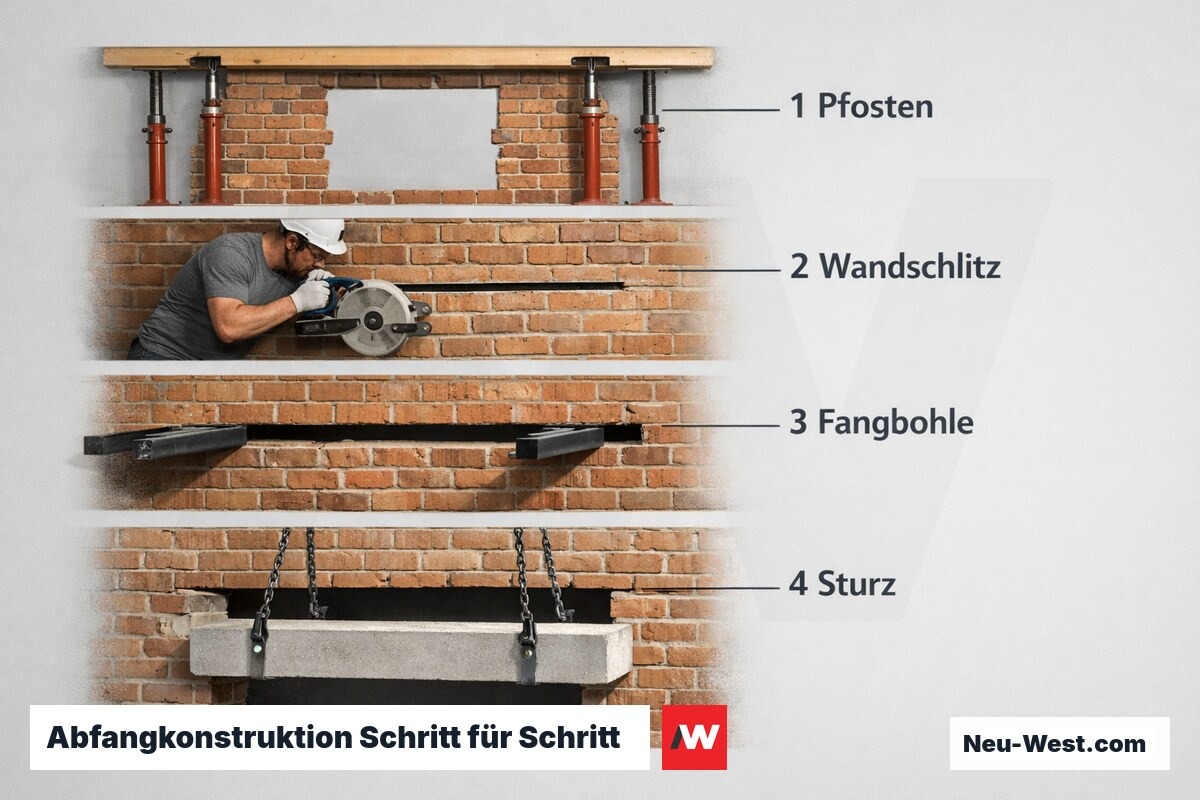 Abfangkonstruktion Schritt für Schritt: Von den Hilfsstützen bis zum eingesetzten Sturz – Erklär-Grafik (NEUWEST Berlin)