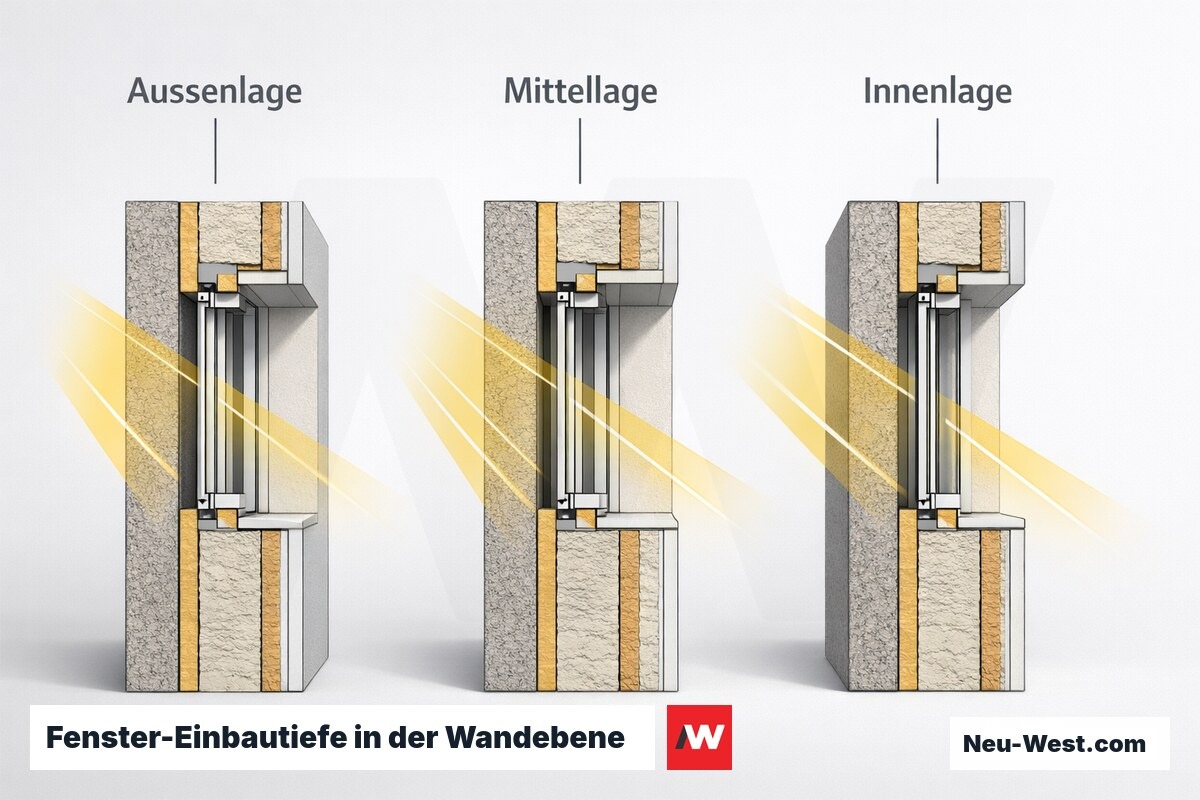 Fenster-Einbautiefe in der Wandebene: Außenbündig, mittig oder innenbündig – Erklär-Grafik (NEUWEST Berlin)
