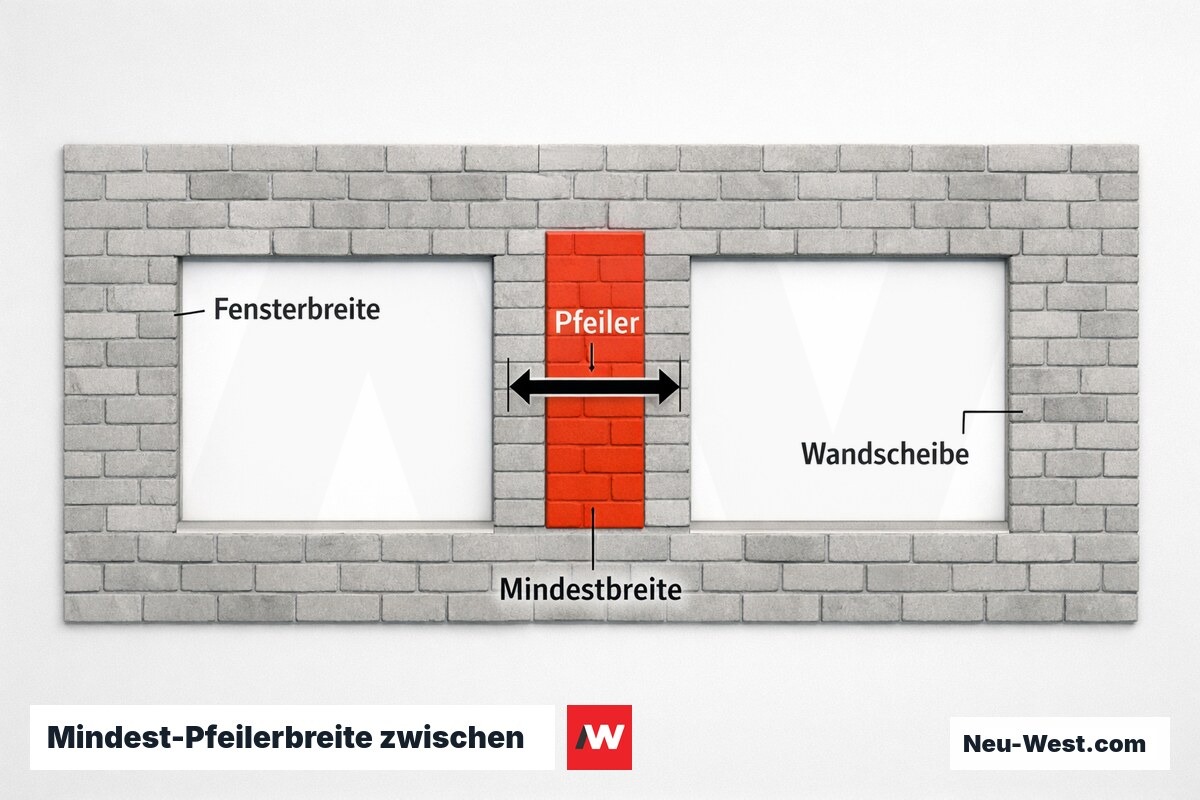 Mindest-Pfeilerbreite zwischen Fensteröffnungen: Grenzwert der aussteifenden Wandscheibe – Erklär-Grafik (NEUWEST Berlin)