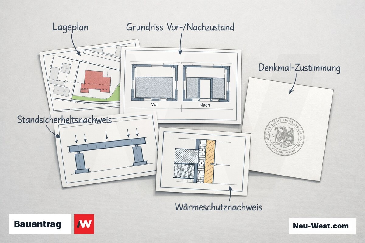 Erklär-Illustration der Bauantragsunterlagen fürs Berliner Bezirksamt: Lageplan, Grundrisse Vor-/Nachzustand, Standsicherheitsnachweis, Wärmeschutznachweis und Denkmal-Zustimmung.