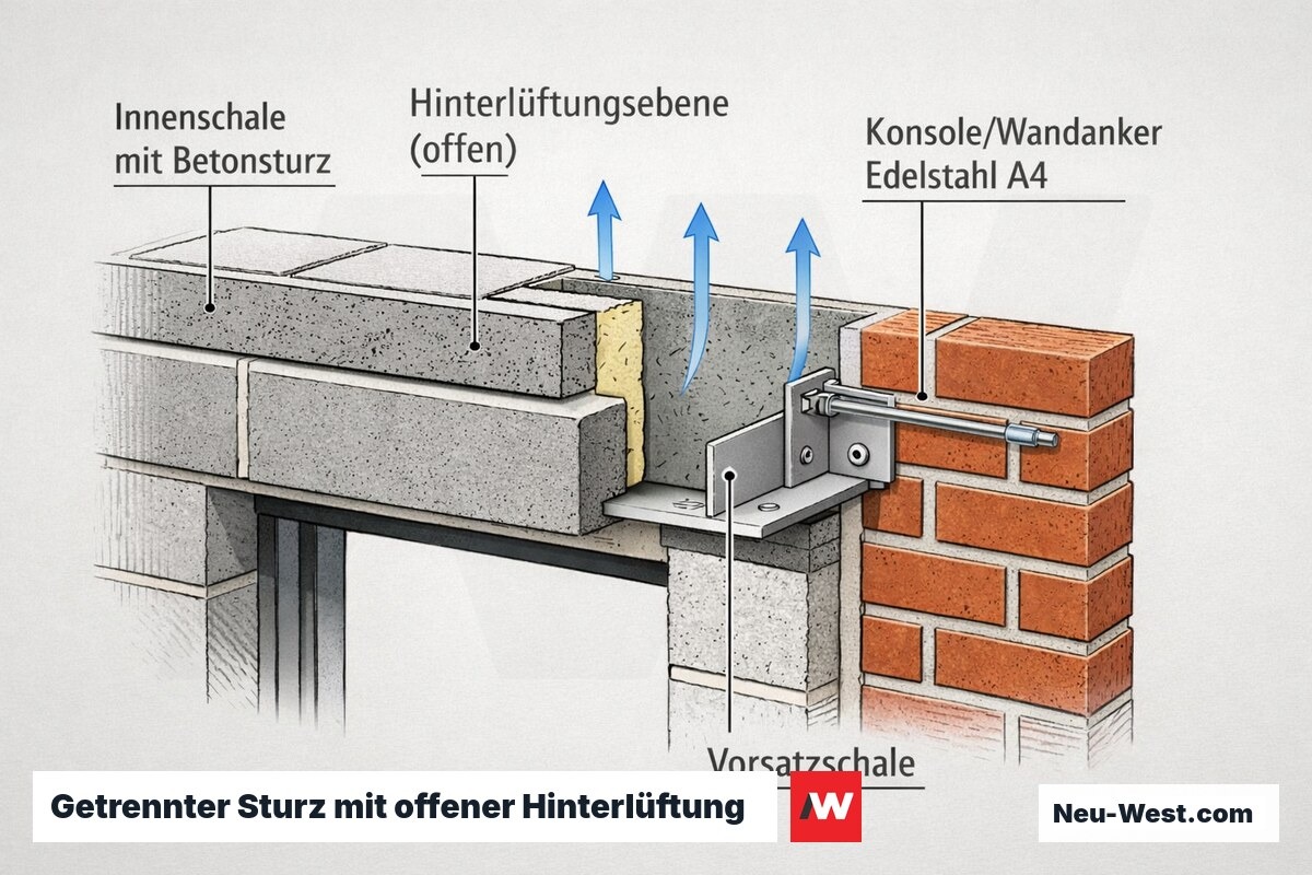 Querschnitt zweischalige Außenwand am Sturz: getragene Innenschale, durchgehende offene Luftschicht und Vorsatzschale auf Edelstahl-A4-Konsole.