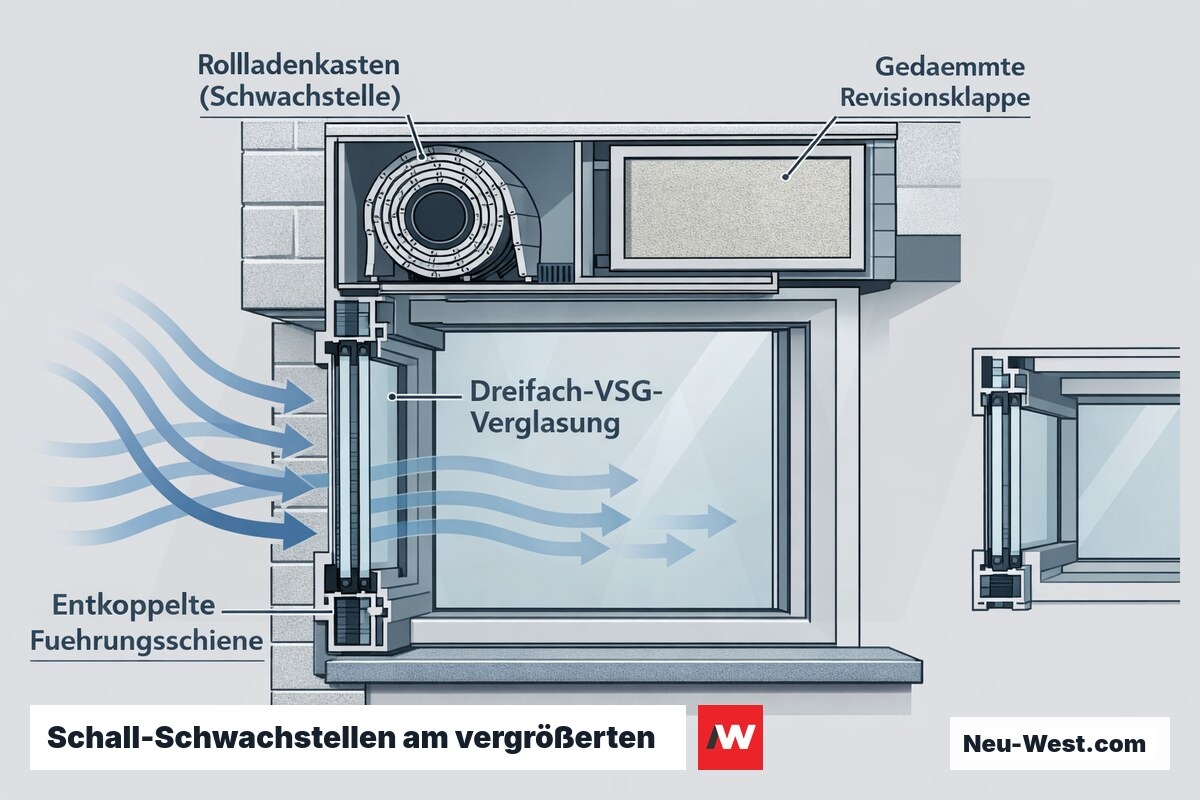 Akustischer Querschnitt eines vergrößerten Fensters mit Rollladenkasten, Dreifach-VSG-Verglasung und Schallwegen nach DIN 4109.