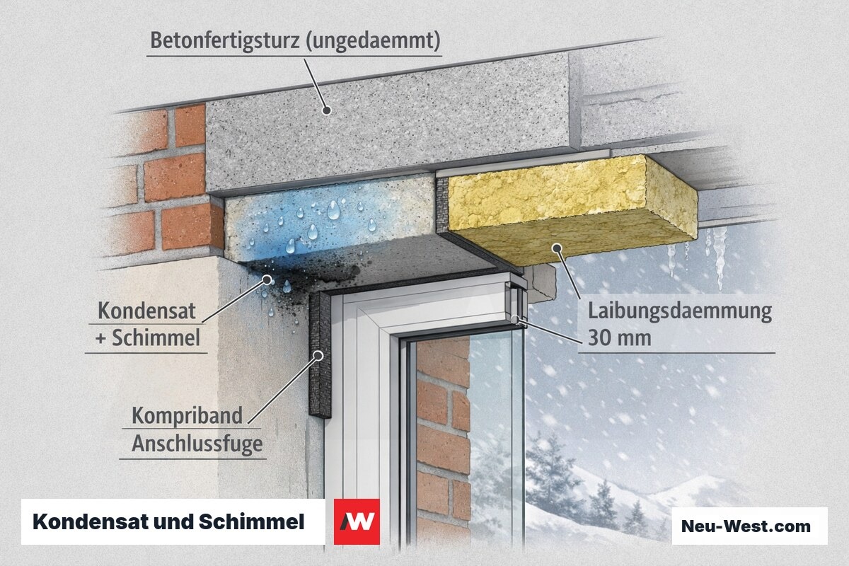 Querschnitt Fensterlaibung: ungedämmter Betonsturz, Kondensat und Schimmel an der Laibungsunterkante, nachträgliche Mineralwoll-Dämmung und Kompriband-Anschlussfuge.