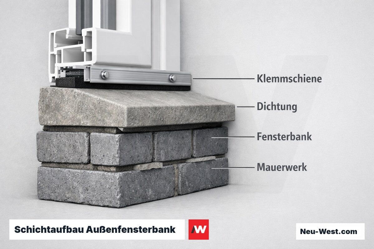 Schichtaufbau Außenfensterbank: Klemmschiene, Dichtung, Platte und Mauerwerk – Erklär-Grafik (NEUWEST Berlin)