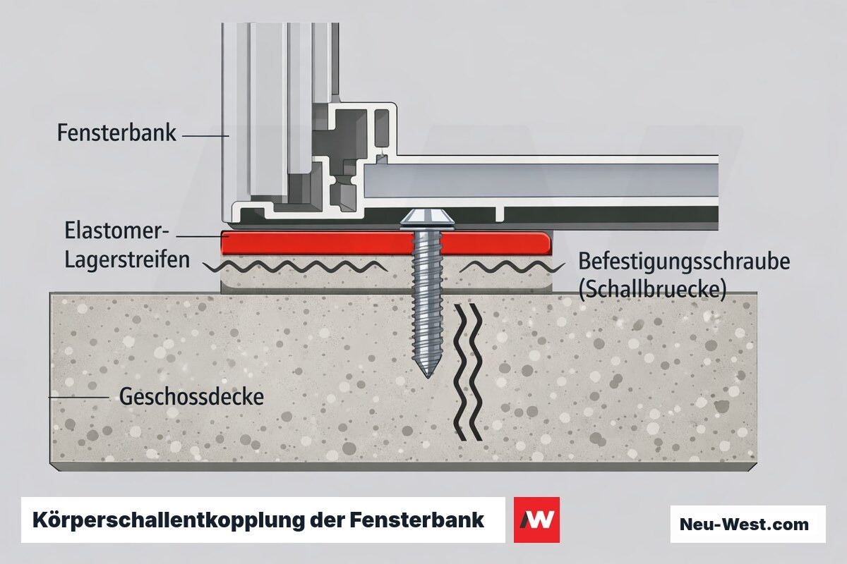 Querschnitt einer Penthouse-Fensterbank auf elastischem Lagerstreifen über der Geschossdecke; eine starre Schraube bildet eine Körperschallbrücke.