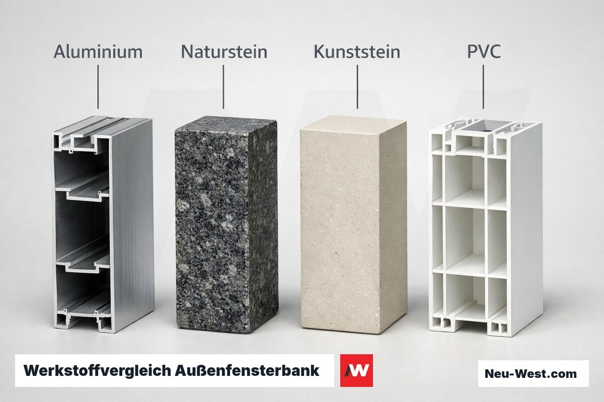 Werkstoffvergleich Außenfensterbank: Aluminium, Naturstein, Kunststein, PVC – Erklär-Grafik (NEUWEST Berlin)