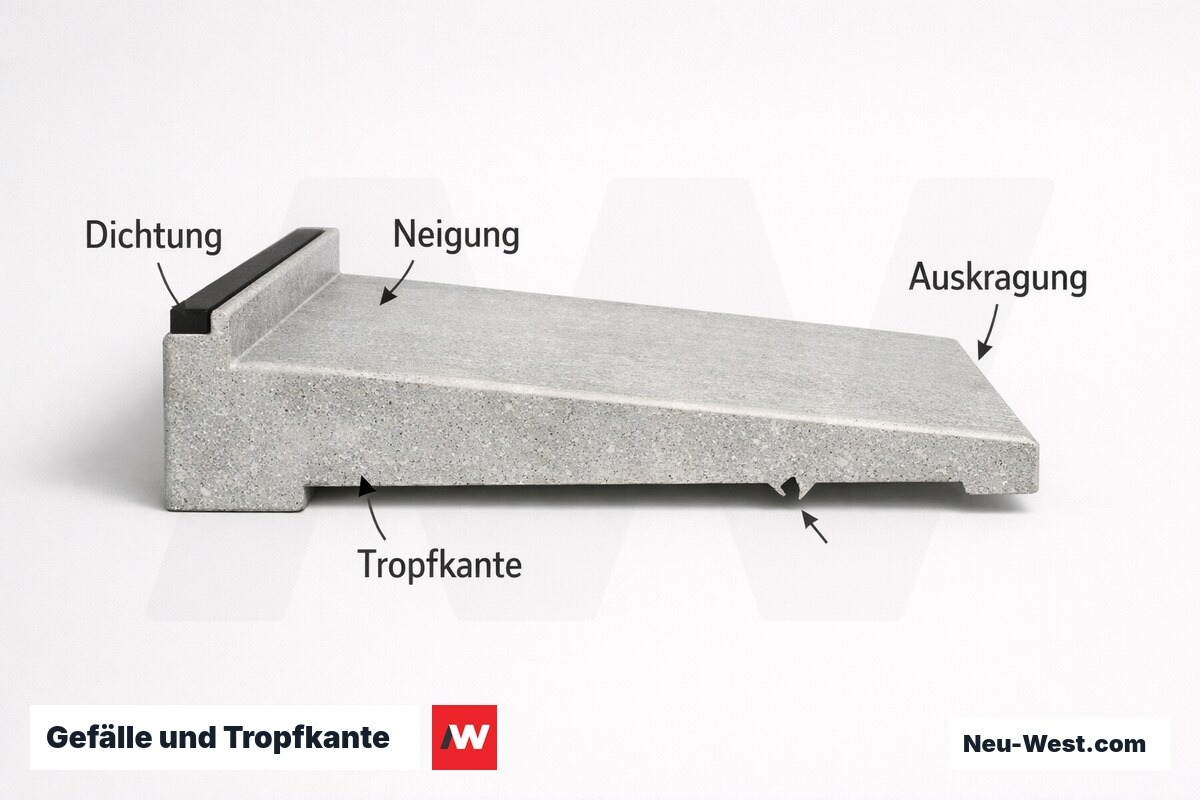 Gefälle und Tropfkante: Maßvorgaben für Außenfensterbänke – Erklär-Grafik (NEUWEST Berlin)